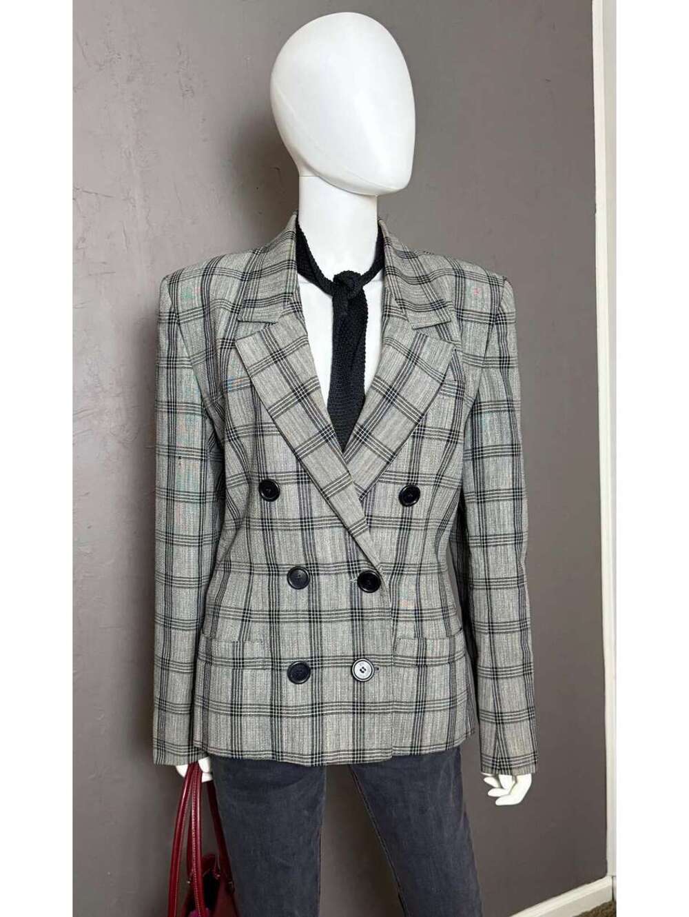 1980’s Anne Klein II Windowpane Plaid Blazer size 12 Double Breasted Linen+ Wool